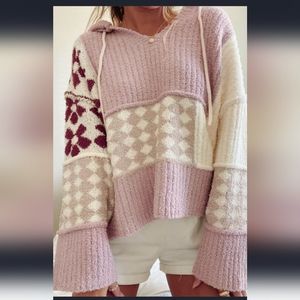 Chic Patchwork Knit Sweater in Pink and Cream